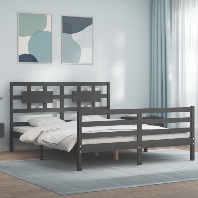 vidaXL Giroletto con Testiera Grigio 160x200 cm Legno Massello vidaXL Giroletto con Testiera Grigio 160x200 cm Legno Massello