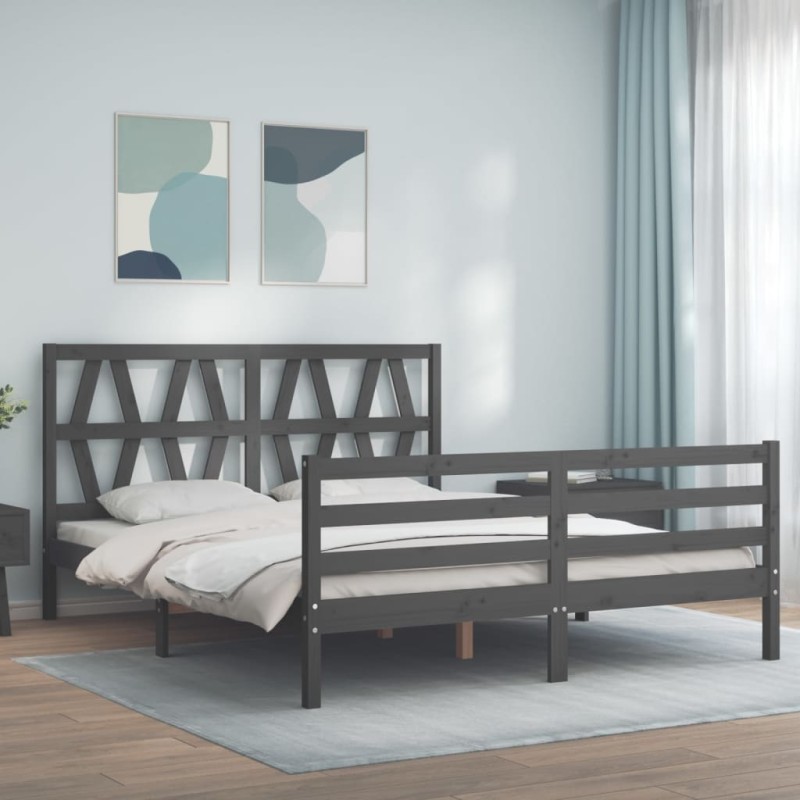 vidaXL Giroletto con Testiera Grigio 5FT King Size in Legno Massello vidaXL Giroletto con Testiera Grigio 5FT King Size in Legno Massello