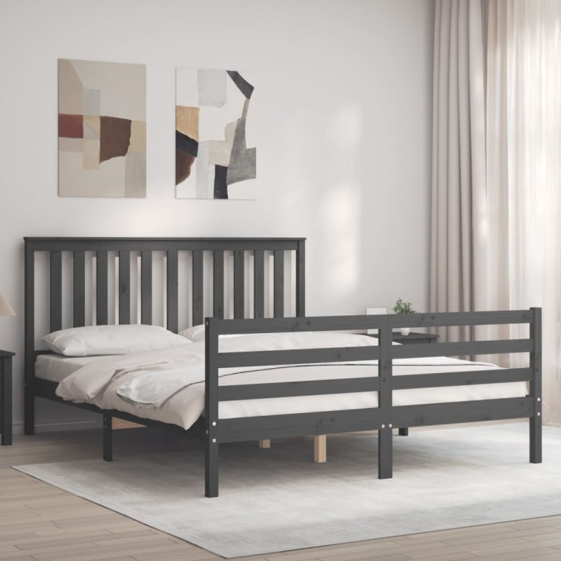 vidaXL Giroletto con Testiera Grigio 5FT King Size in Legno Massello vidaXL Giroletto con Testiera Grigio 5FT King Size in Legno Massello