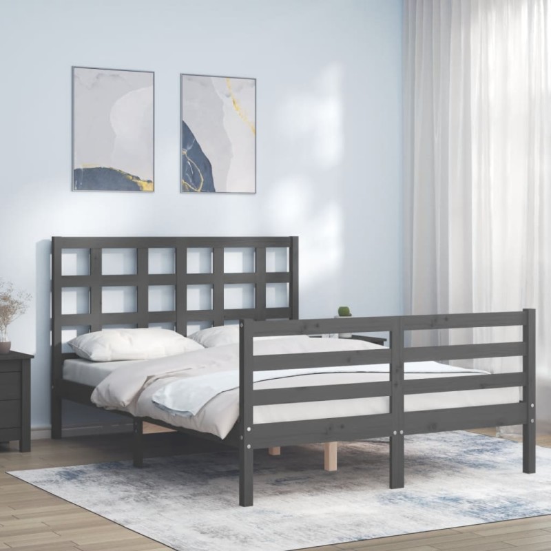 vidaXL Giroletto con Testiera Grigio 4FT Small Double Legno Massello vidaXL Giroletto con Testiera Grigio 4FT Small Double Legno Massello