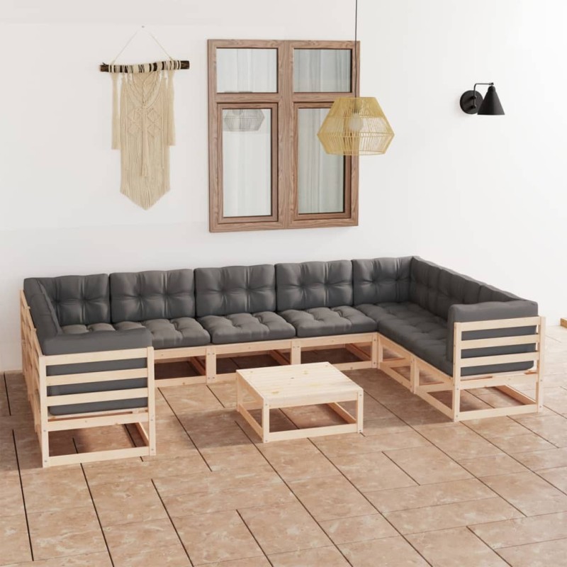 vidaXL Set Salotto Giardino 10pz Cuscini Antracite Legno Massello Pino vidaXL Set Salotto Giardino 10pz Cuscini Antracite Legno Massello Pino