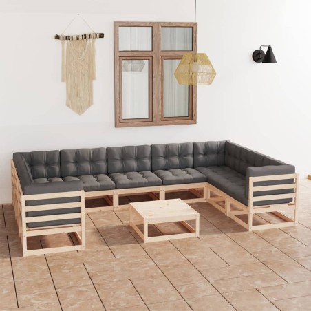 vidaXL Set Salotto Giardino 10pz Cuscini Antracite Legno Massello Pino