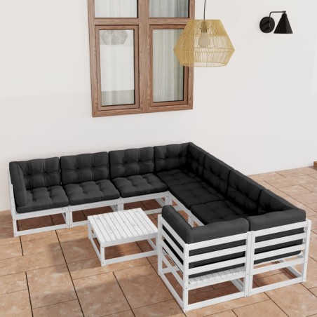 vidaXL Set Divani da Giardino 9 pz con Cuscini Massello di Pino Bianco