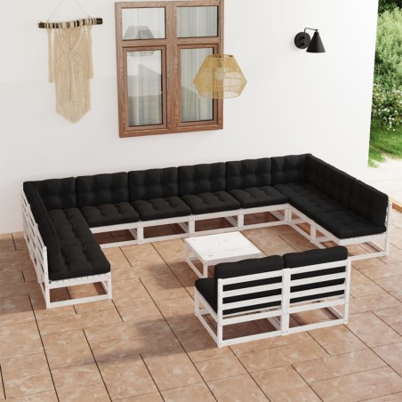 vidaXL Set Divani da Giardino 13pz con Cuscini Massello di Pino Bianco
