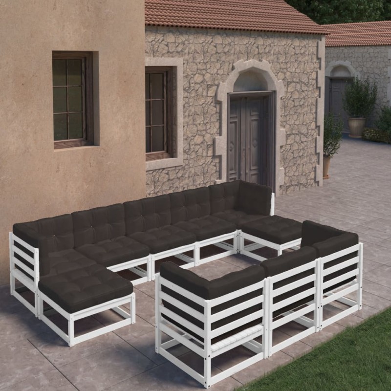 vidaXL Set Divani da Giardino 10 pz Cuscini Bianchi Massello di Pino vidaXL Set Divani da Giardino 10 pz Cuscini Bianchi Massello di Pino