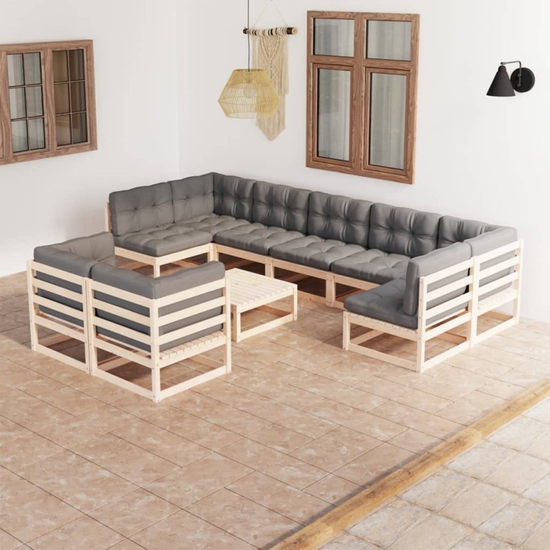 vidaXL Set Salotto Giardino 10pz Cuscini Antracite Legno Massello Pino vidaXL Set Salotto Giardino 10pz Cuscini Antracite Legno Massello Pino