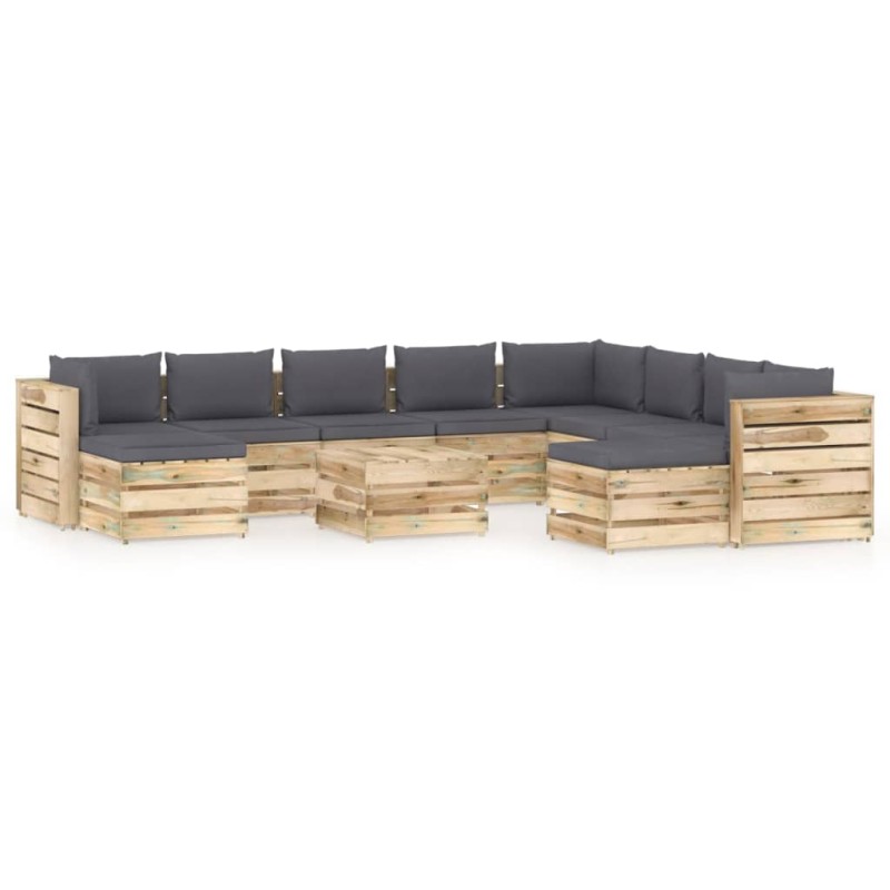 vidaXL Set Salotto da Giardino con Cuscini 11pz Legno Impregnato Verde vidaXL Set Salotto da Giardino con Cuscini 11pz Legno Impregnato Verde