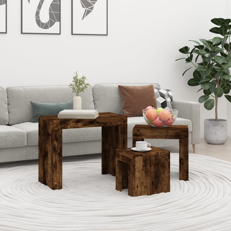 Tavolini Impilabili 3 pz Rovere Fumo in Legno Multistrato Tavolini Impilabili 3 pz Rovere Fumo in Legno Multistrato