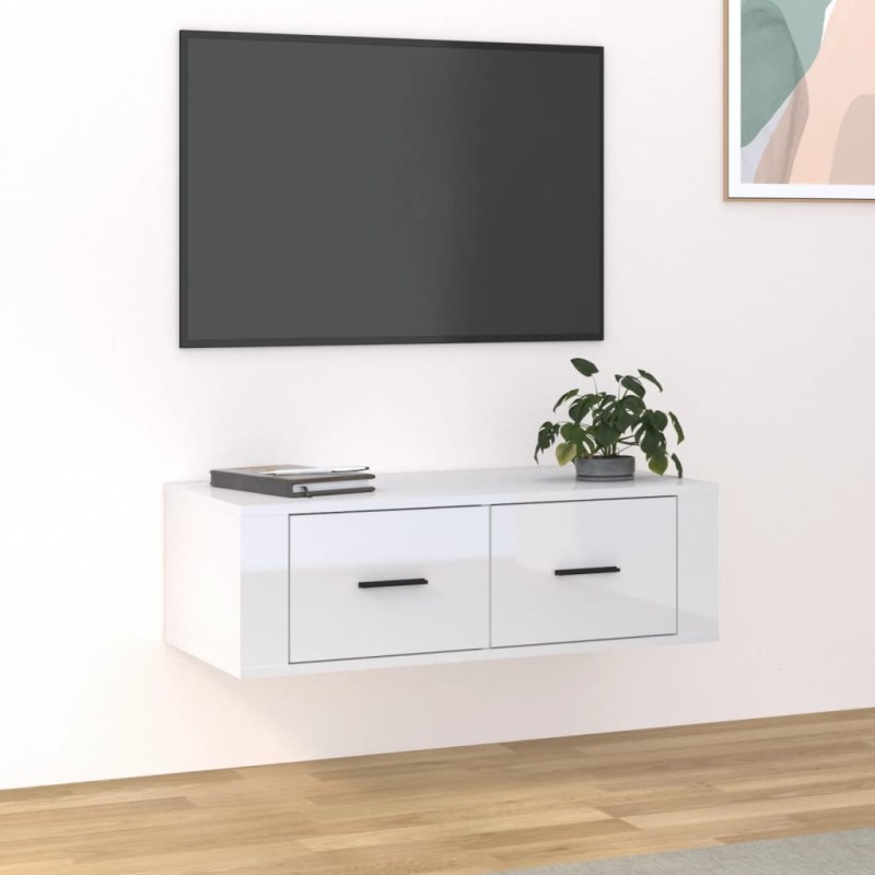 Mobile TV Pensile Bianco Lucido 80x36x25cm in Legno Multistrato Mobile TV Pensile Bianco Lucido 80x36x25cm in Legno Multistrato