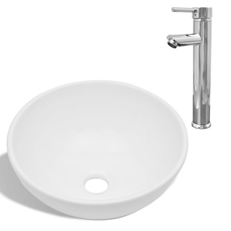 vidaXL Lavello Bagno con Miscelatore in Ceramica Rotondo Bianco