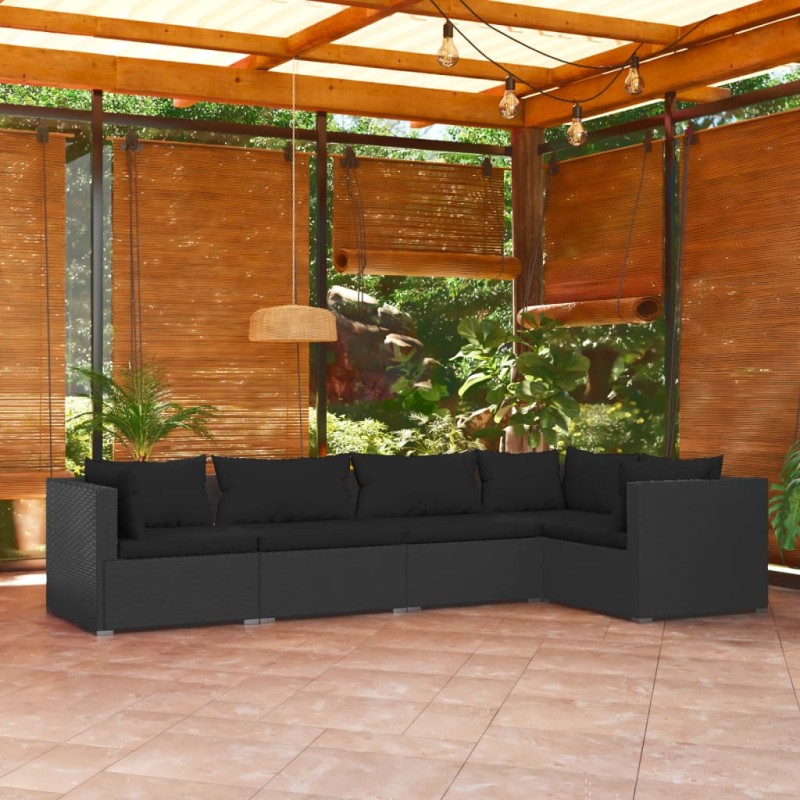 Set Divani da Giardino 5 pz con Cuscini in Polyrattan Nero Set Divani da Giardino 5 pz con Cuscini in Polyrattan Nero