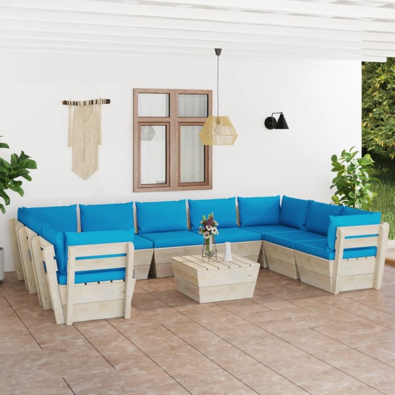vidaXL Set Divani da Giardino su Pallet 10 pz con Cuscini Legno Abete