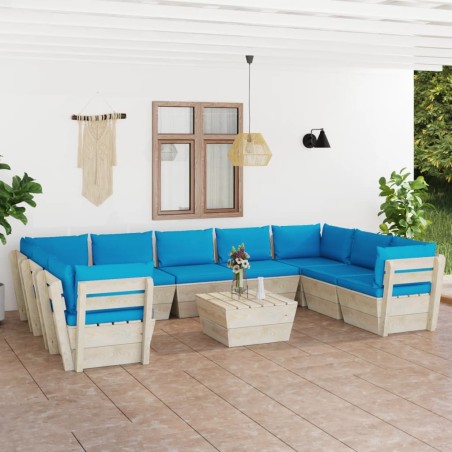 vidaXL Set Divani da Giardino su Pallet 10 pz con Cuscini Legno Abete
