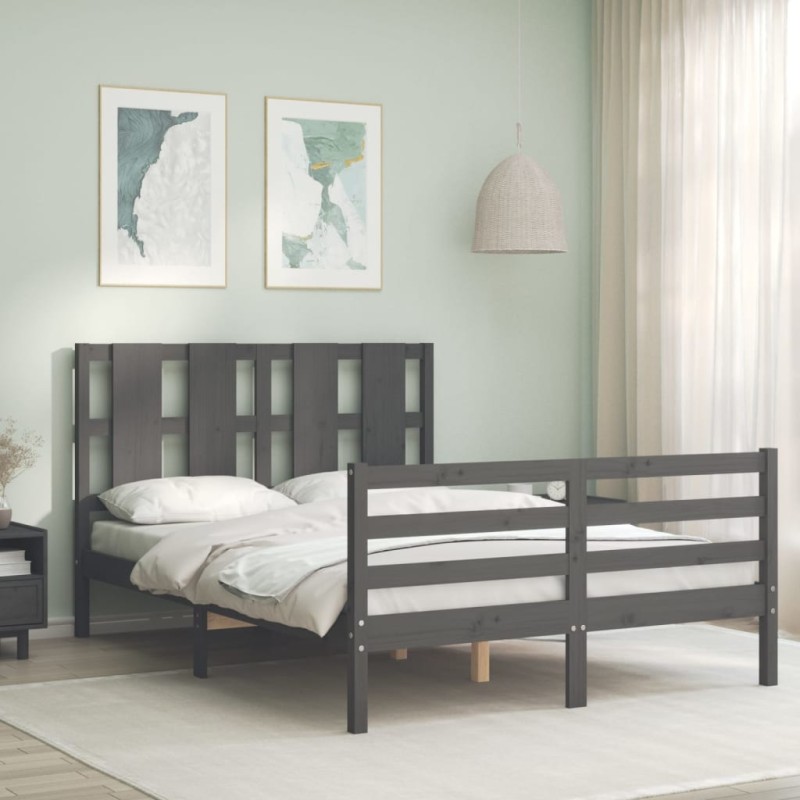 vidaXL Giroletto con Testiera Grigio 4FT Small Double Legno Massello vidaXL Giroletto con Testiera Grigio 4FT Small Double Legno Massello