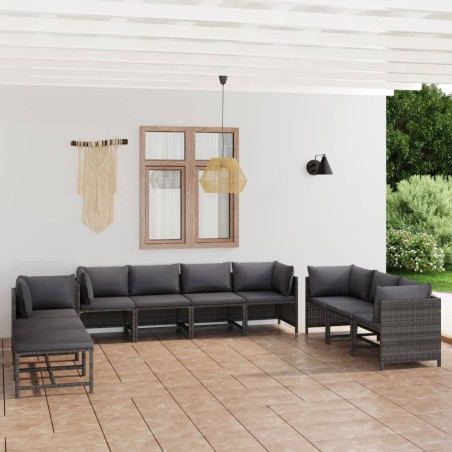 vidaXL Set Divani da Giardino 10 pz con Cuscini in Polyrattan Grigio