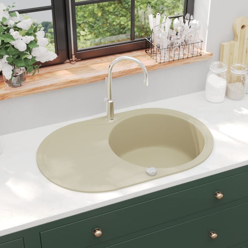 Lavello da Cucina in Granito Vasca Singola Ovale Beige Lavello da Cucina in Granito Vasca Singola Ovale Beige