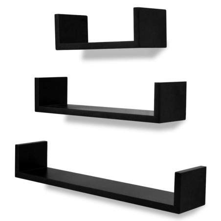 vidaXL Mensole a Parete 3 pz Nere in MDF a U per Libri/DVD