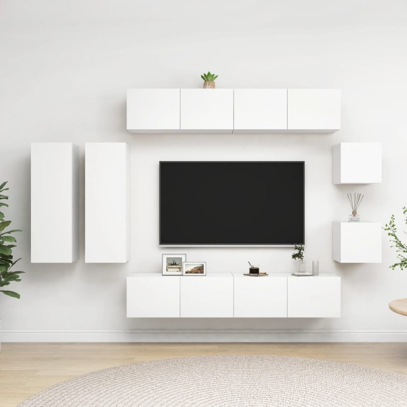 vidaXL Set Mobili Porta TV 8 pz Bianco in Legno Multistrato vidaXL Set Mobili Porta TV 8 pz Bianco in Legno Multistrato