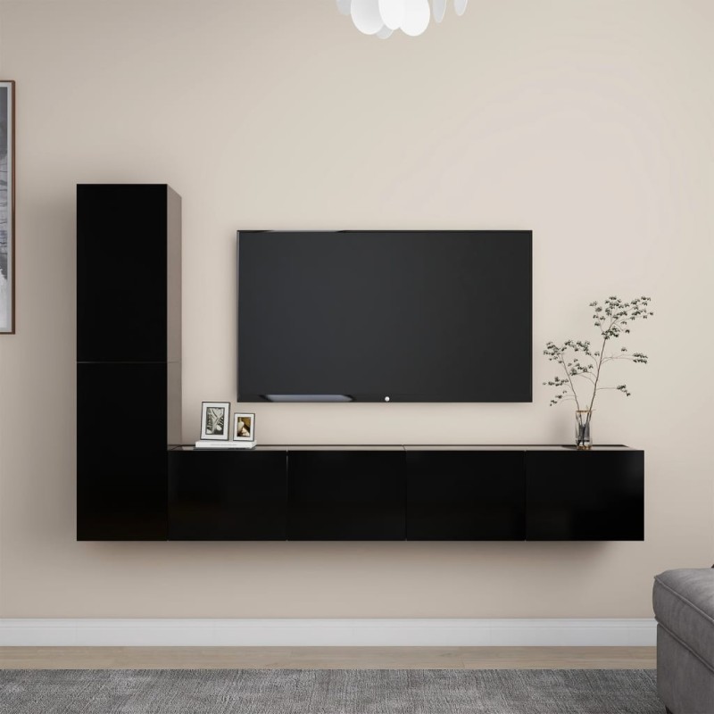 vidaXL Set di Mobili Porta TV 4 pz Nero in Legno Multistrato vidaXL Set di Mobili Porta TV 4 pz Nero in Legno Multistrato