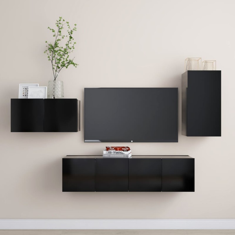 vidaXL Set di Mobili Porta TV 4 pz Nero in Legno Multistrato vidaXL Set di Mobili Porta TV 4 pz Nero in Legno Multistrato