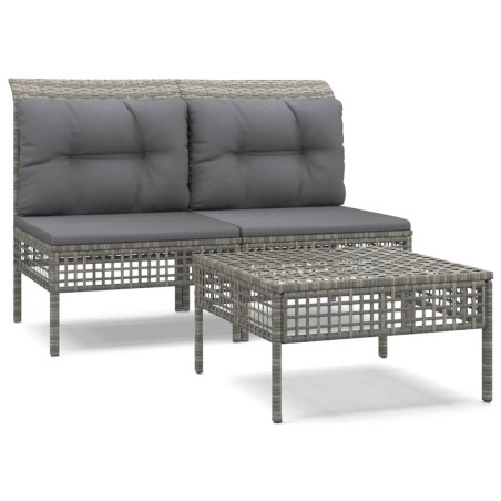 Set Divani da Giardino 3 pz con Cuscini in Polyrattan Grigio