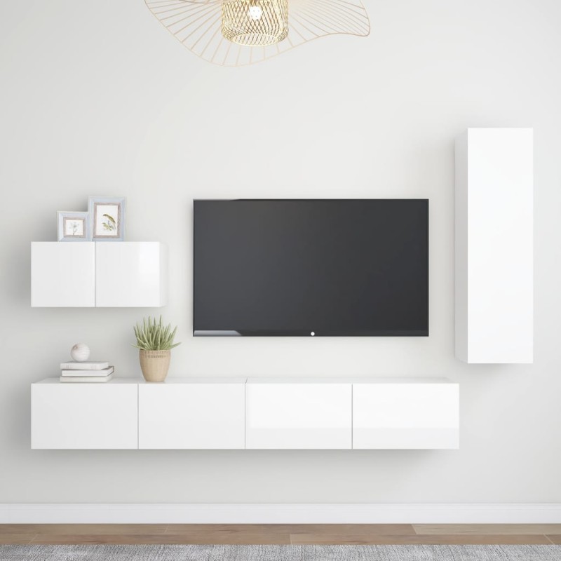 vidaXL Set di Mobili Porta TV 4 pz Bianco Lucido in Legno Multistrato vidaXL Set di Mobili Porta TV 4 pz Bianco Lucido in Legno Multistrato