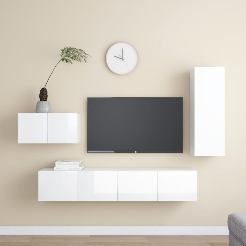 vidaXL Set di Mobili Porta TV 4 pz Bianco Lucido in Legno Multistrato vidaXL Set di Mobili Porta TV 4 pz Bianco Lucido in Legno Multistrato
