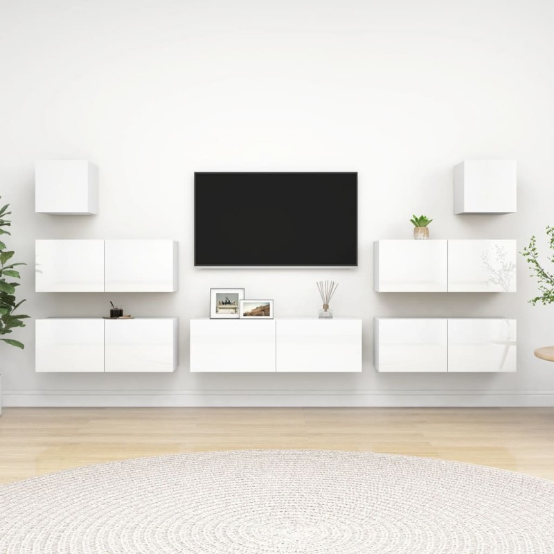 vidaXL Set di Mobili Porta TV 7 pz Bianco Lucido in Legno Multistrato vidaXL Set di Mobili Porta TV 7 pz Bianco Lucido in Legno Multistrato