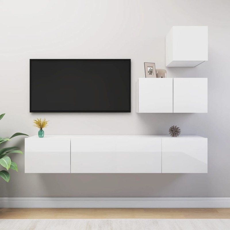 vidaXL Set di Mobili Porta TV 4 pz Bianco Lucido in Legno Multistrato vidaXL Set di Mobili Porta TV 4 pz Bianco Lucido in Legno Multistrato