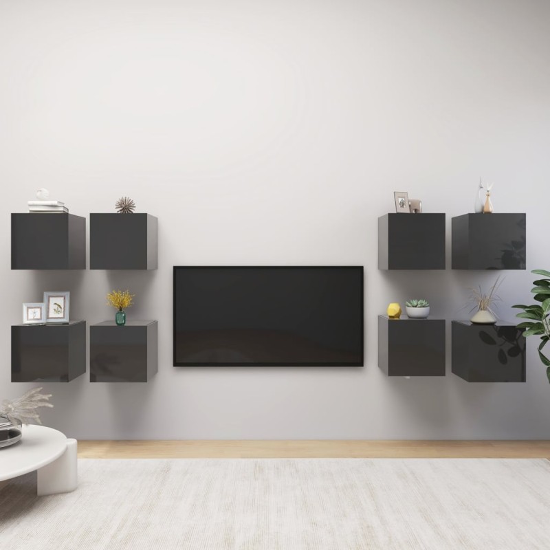 vidaXL Mobili Porta TV a Parete 8 pz Grigio Lucido 30,5x30x30 cm vidaXL Mobili Porta TV a Parete 8 pz Grigio Lucido 30,5x30x30 cm