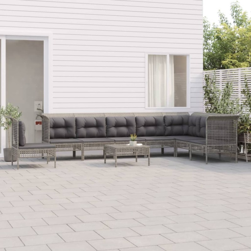 Set Divani da Giardino 9 pz con Cuscini in Polyrattan Grigio