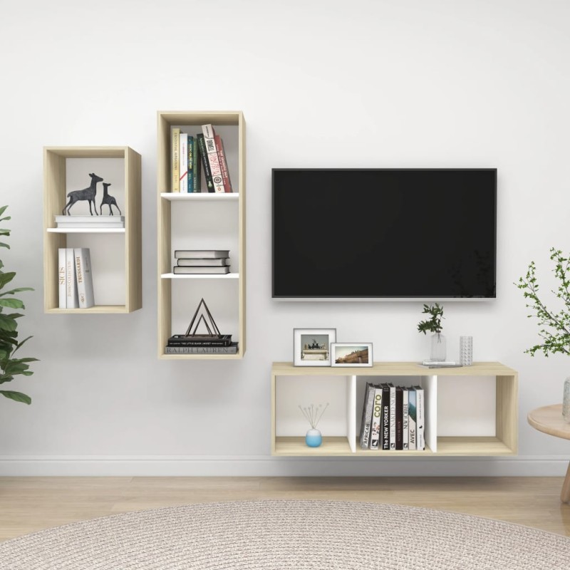 vidaXL Set Mobili TV 3 pz Bianco e Rovere Sonoma in Legno Multistrato vidaXL Set Mobili TV 3 pz Bianco e Rovere Sonoma in Legno Multistrato