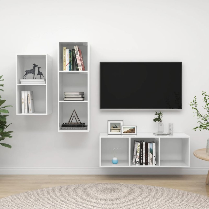vidaXL Set Mobile TV 3 pz Bianco Lucido in Truciolato vidaXL Set Mobile TV 3 pz Bianco Lucido in Truciolato