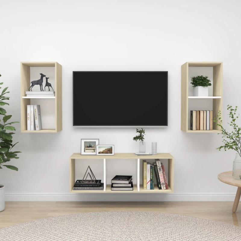 vidaXL Set Porta TV 3 pz Bianco e Rovere Sonoma in Truciolato vidaXL Set Porta TV 3 pz Bianco e Rovere Sonoma in Truciolato