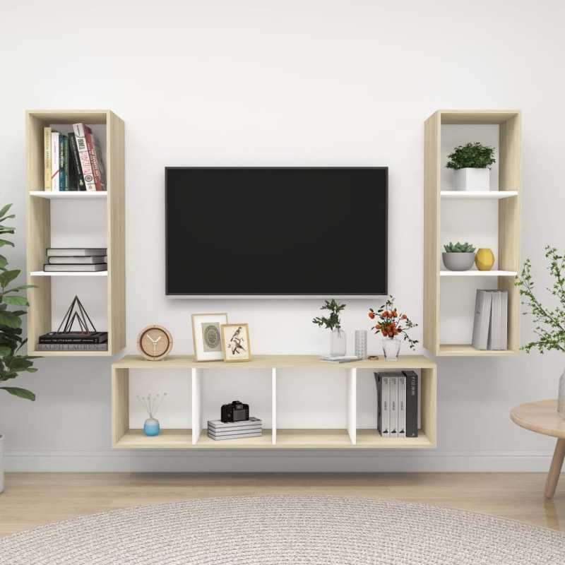 vidaXL Set Porta TV 3 pz Bianco e Rovere Sonoma in Truciolato vidaXL Set Porta TV 3 pz Bianco e Rovere Sonoma in Truciolato