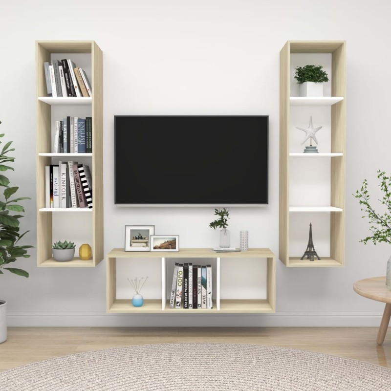 vidaXL Set Porta TV 3 pz Bianco e Rovere Sonoma in Truciolato vidaXL Set Porta TV 3 pz Bianco e Rovere Sonoma in Truciolato