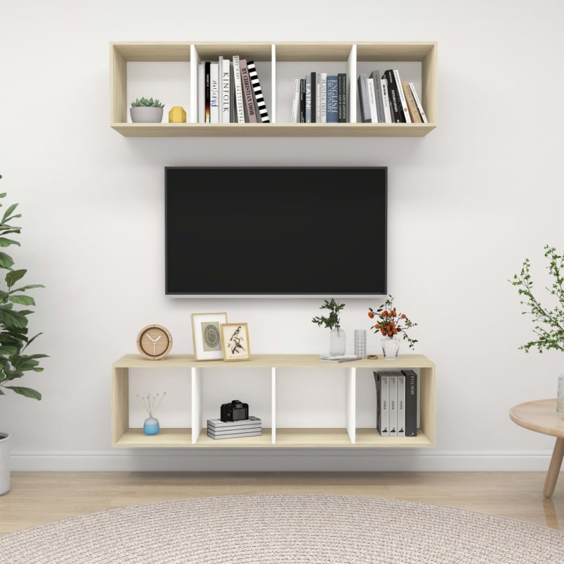 vidaXL Mobile TV a Parete 2 pz Bianco e Rovere Sonoma in Truciolato vidaXL Mobile TV a Parete 2 pz Bianco e Rovere Sonoma in Truciolato