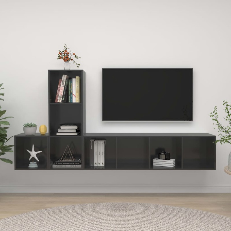 vidaXL Set Mobile TV 3 pz Grigio Lucido in Truciolato vidaXL Set Mobile TV 3 pz Grigio Lucido in Truciolato