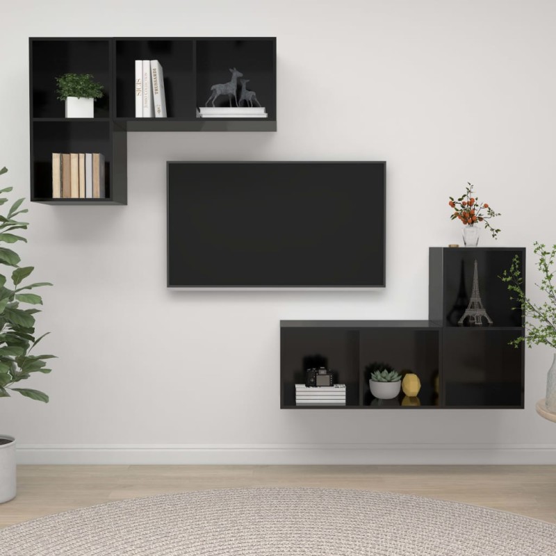 vidaXL Mobile TV a Parete 4 pz Nero Lucido in Truciolato vidaXL Mobile TV a Parete 4 pz Nero Lucido in Truciolato