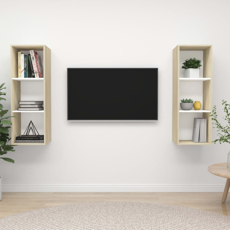 vidaXL Mobile TV a Parete 2 pz Bianco e Rovere Sonoma in Truciolato vidaXL Mobile TV a Parete 2 pz Bianco e Rovere Sonoma in Truciolato