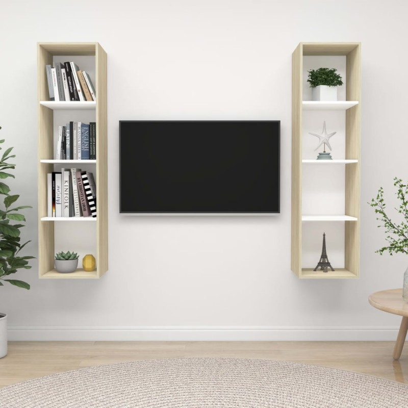 vidaXL Mobile TV a Parete 2 pz Bianco e Rovere Sonoma in Truciolato vidaXL Mobile TV a Parete 2 pz Bianco e Rovere Sonoma in Truciolato