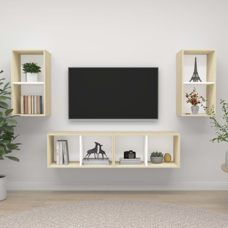 vidaXL Mobile TV a Parete 4 pz Bianco e Rovere Sonoma in Truciolato vidaXL Mobile TV a Parete 4 pz Bianco e Rovere Sonoma in Truciolato