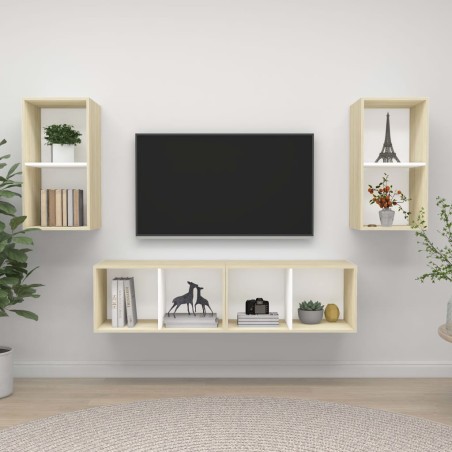 vidaXL Mobile TV a Parete 4 pz Bianco e Rovere Sonoma in Truciolato