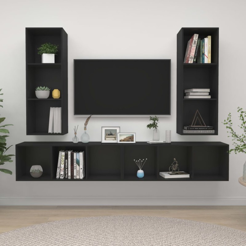 vidaXL Mobile TV a Parete 4 pz Nero in Truciolato vidaXL Mobile TV a Parete 4 pz Nero in Truciolato
