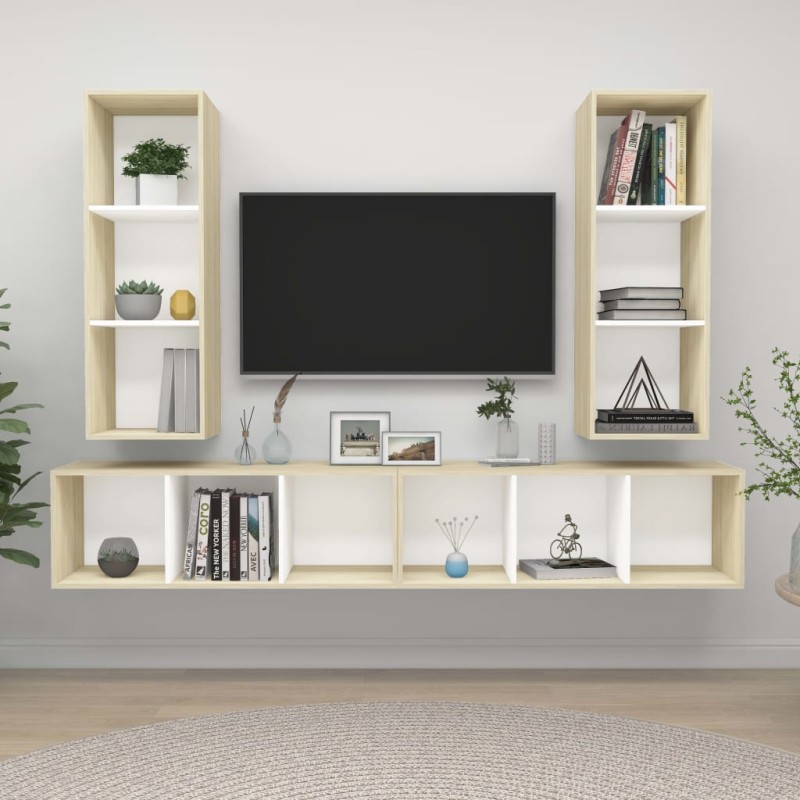 vidaXL Mobile TV a Parete 4 pz Bianco e Rovere Sonoma in Truciolato vidaXL Mobile TV a Parete 4 pz Bianco e Rovere Sonoma in Truciolato