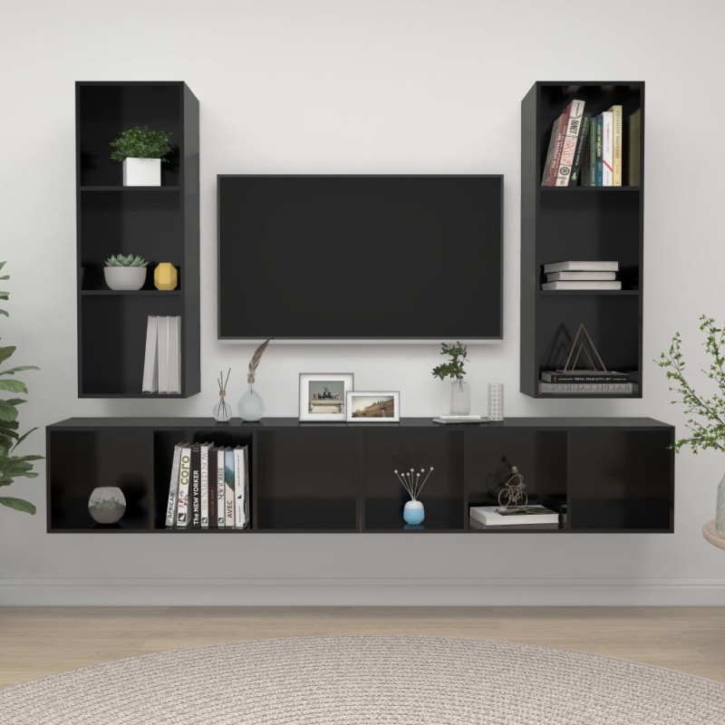 vidaXL Mobile TV a Parete 4 pz Nero Lucido in Truciolato vidaXL Mobile TV a Parete 4 pz Nero Lucido in Truciolato