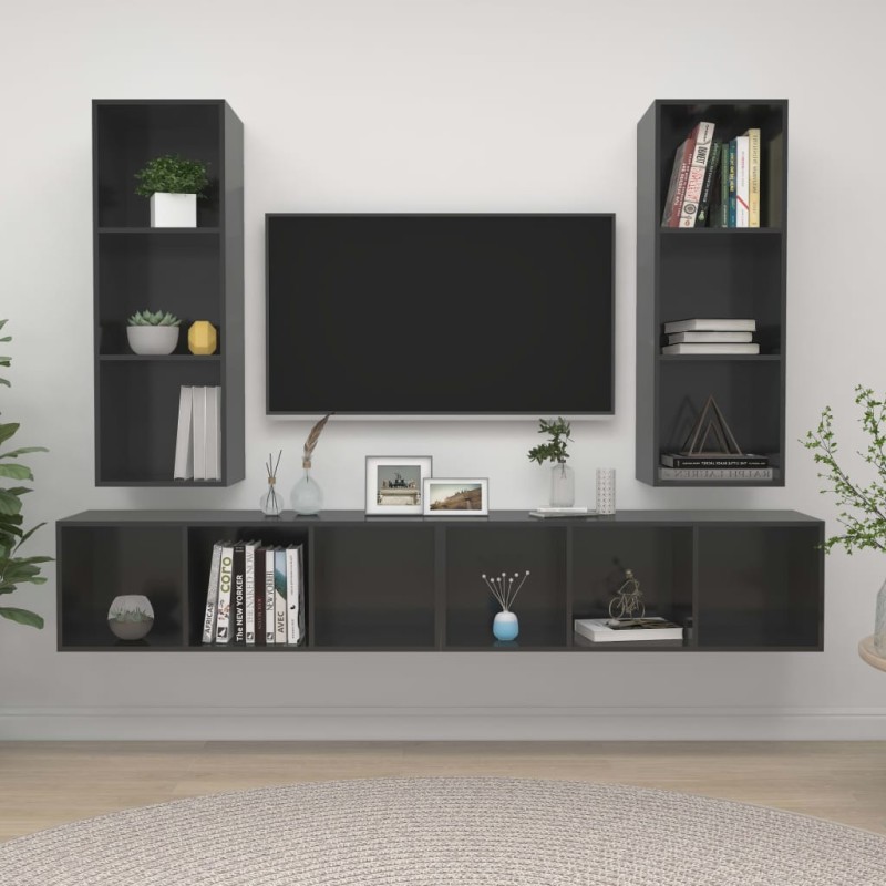 vidaXL Mobile TV a Parete 4 pz Grigio Lucido in Truciolato vidaXL Mobile TV a Parete 4 pz Grigio Lucido in Truciolato