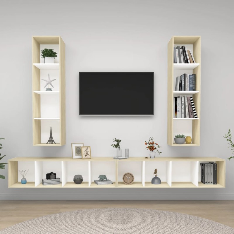 vidaXL Mobile TV a Parete 4 pz Bianco e Rovere in Legno Multistrato