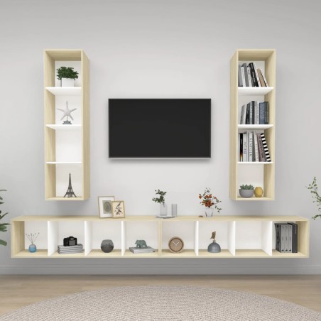 vidaXL Mobile TV a Parete 4 pz Bianco e Rovere in Legno Multistrato