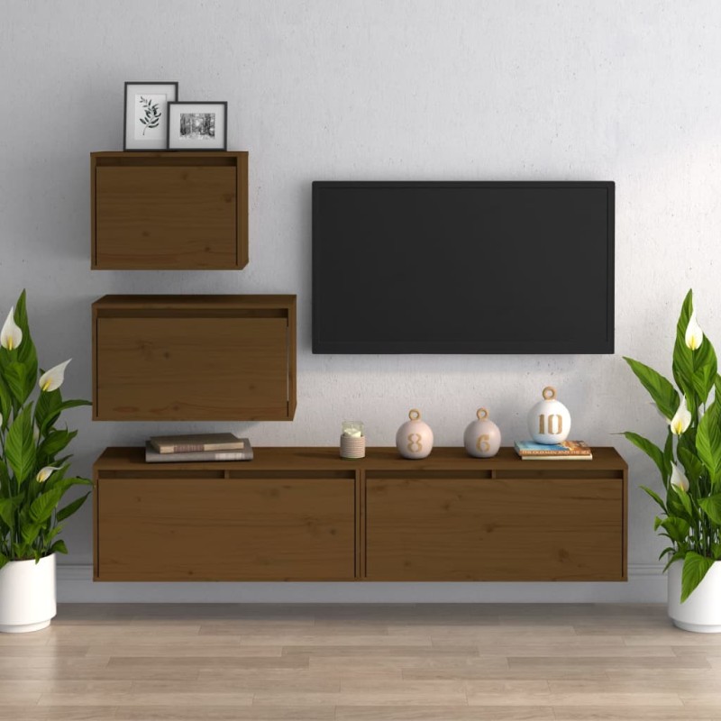vidaXL Mobili Porta TV 4 pz Miele in Legno Massello di Pino vidaXL Mobili Porta TV 4 pz Miele in Legno Massello di Pino